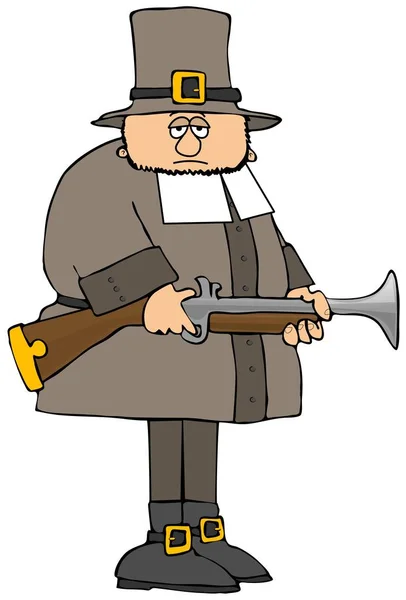 Illustration Sad Looking Pilgrim Holding His Blunderbuss Gun — Stock Photo, Image