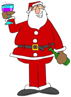 Noel Baba 'nın elinde bir bardak şampanya ve yeşil bir şişeyle Noel' de kadeh kaldırdığını hayal et..