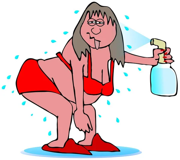 一个穿着胸罩和内裤的女人在炎热的闪光中喷水的图片 — 图库照片