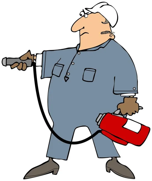 Illustration Man Wearing Coveralls Hard Hat Pointing Red Fire Extinguisher — Stock Photo, Image