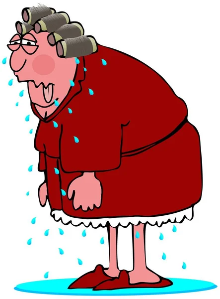 Illustration Middle Age Woman Curlers Red Robe Sweating Profusely Hot — Stok fotoğraf