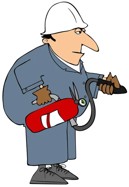 Illustration Workman Wearing Coveralls Hard Hat Carrying Red Fire Extinguisher — ストック写真
