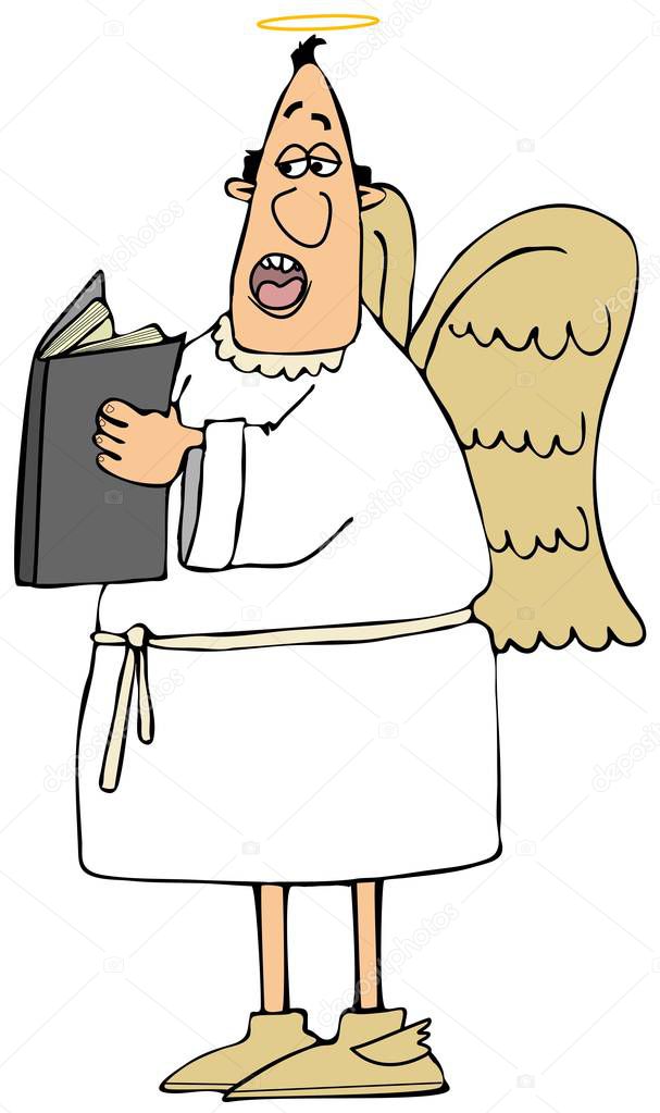 Illustration of a male angel wearing wings and a gown singing from an open hymnbook.