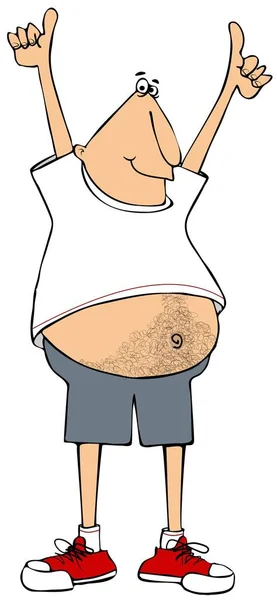 一个长着大而毛茸茸的腹部的胖胖的男人从他的T恤衫里探出头来 双手闪烁着竖起的大拇指标志 — 图库照片