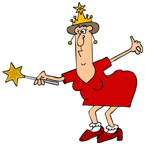 Illustration of a fairy godmother wearing a crown and holding a wand.