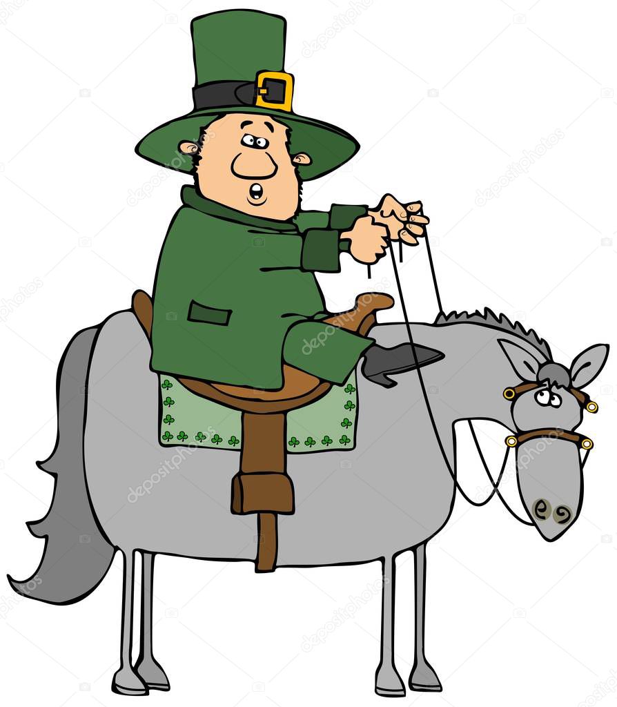 Illustration of an Irish leprechaun dressed in green riding a gray horse.