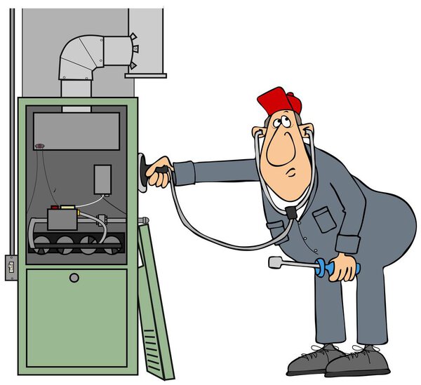 Illustration of a male worker wearing coveralls checking a residential furnace with a stethoscope.