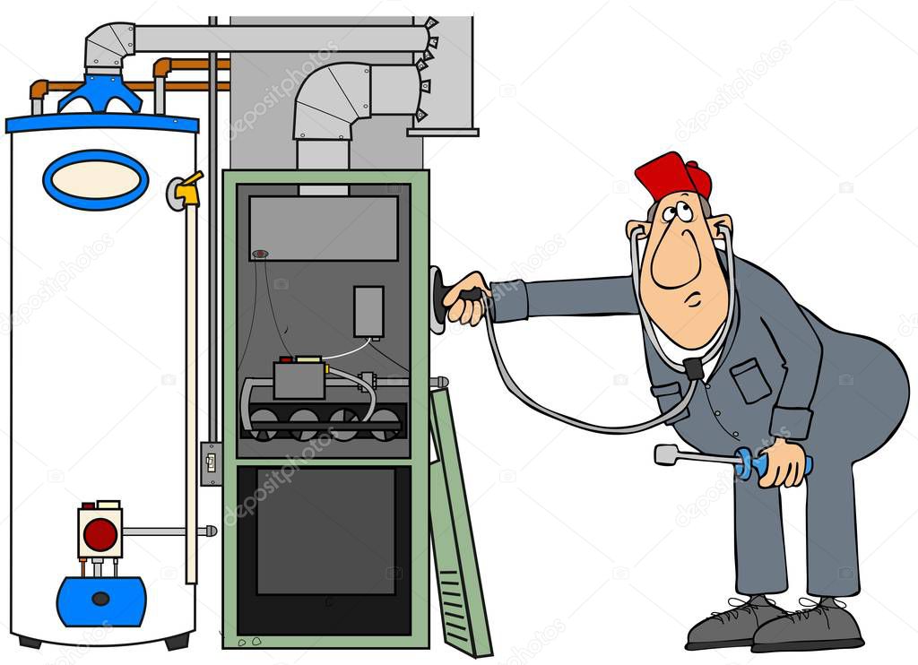 Illustration of a man wearing coveralls troubleshooting a gas furnace and water heater with a stethoscope.
