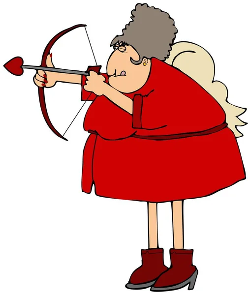 丘比特夫人身穿红色衣服 手持弓箭射出爱情之箭的画像 — 图库照片
