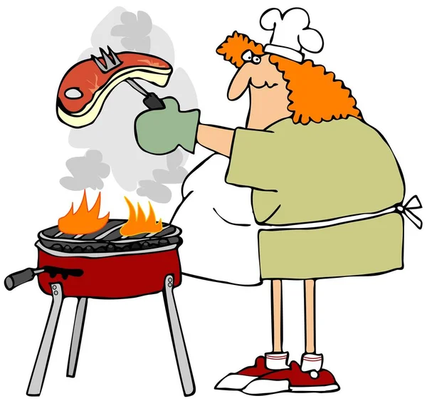 Önlük takmış şişman kızıl saçlı bir kadının mangal ızgarasında büyük bir bifteği kızarttığı görüntüsü..