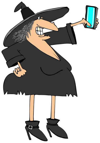 Иллюстрация Хэллоуинской Ведьмы Седыми Волосами Делающей Селфи Мобильном Телефоне — стоковое фото