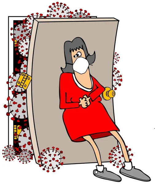 Ilustração Uma Mulher Usando Uma Máscara Facial Apoiada Uma Porta — Fotografia de Stock