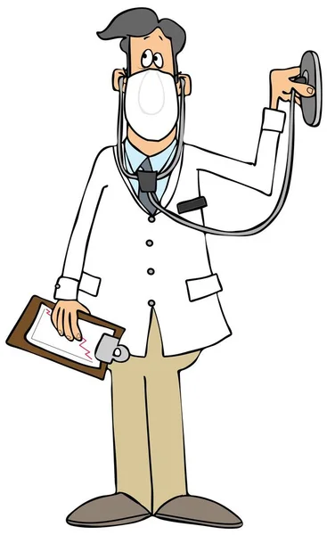 Ilustrace Mužského Lékaře Laboratorním Plášti Masce Obličeje Pomocí Stetoskopu — Stock fotografie