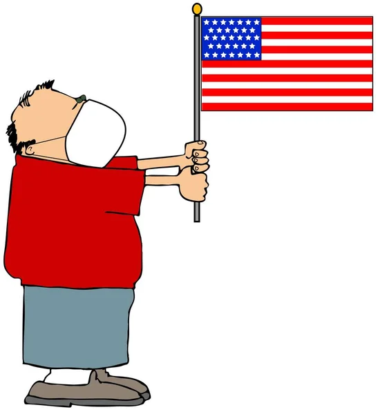 一个男人拿着美国国旗在杆子上戴着面具的图片 — 图库照片