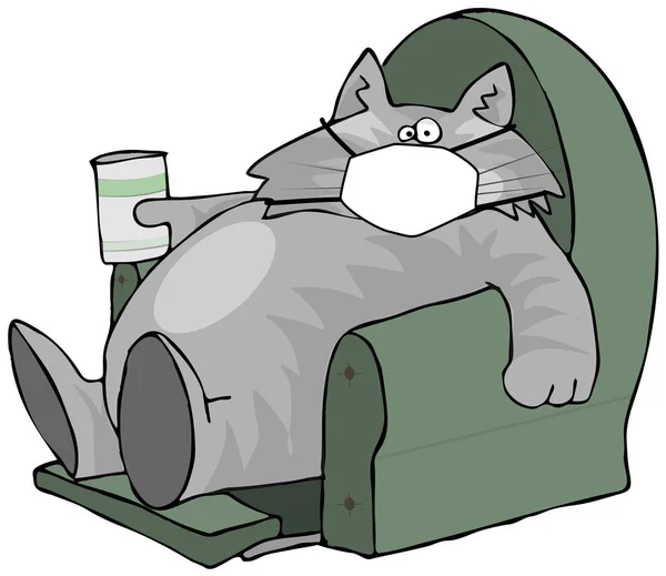 Εικονογράφηση Μιας Τεμπέλης Γκρίζας Γάτας Που Κρατάει Ένα Αναψυκτικό Ενώ — Φωτογραφία Αρχείου