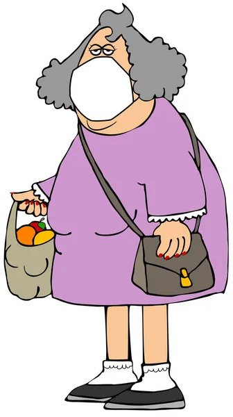 Иллюстрация Пожилой Покупательницы Несущей Сумку Фруктами Время Ношения Маски Лица — стоковое фото