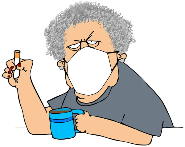 Illustration Old Woman Holding Cup Coffee Cigarette Wearing Face Mask — Stock Photo, Image