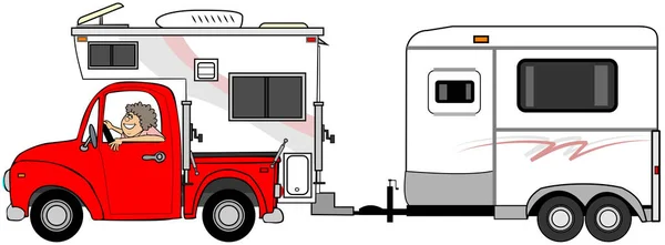 Illustratie Van Een Vrouw Een Pick Truck Met Een Camper — Stockfoto