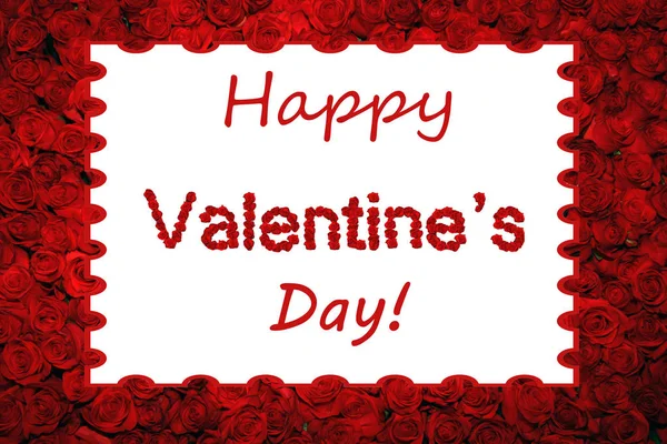 Happy Valentine Day Rouge Roses Lettrage Encadré Fond — Photo