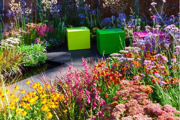 Summer tranquil garden landscape, patio area