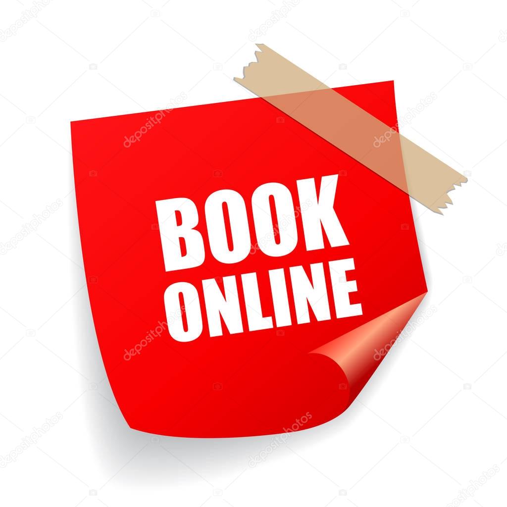 Book online square sticker with curled corner vector illustration isolated on white background