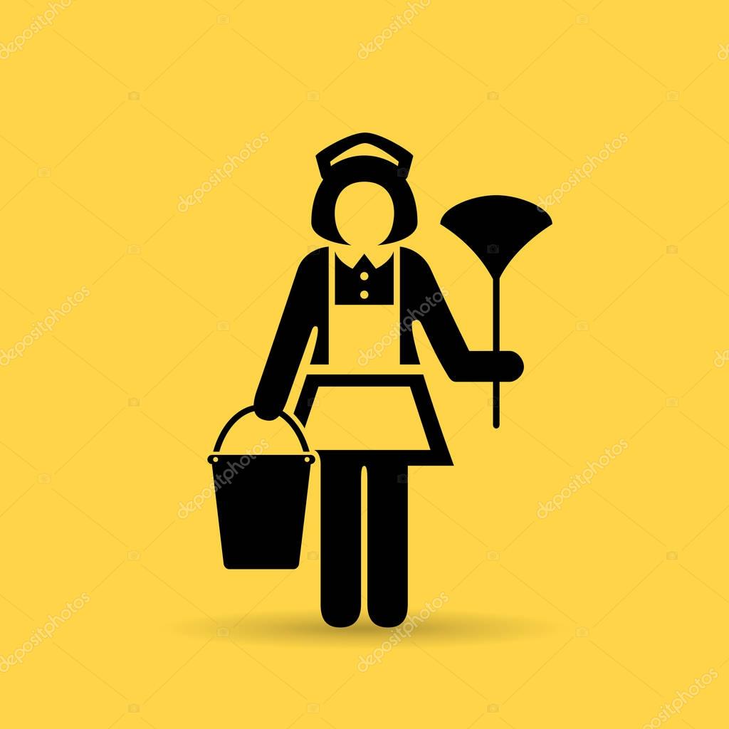 Maid housewife with bucket and mop, web pictogram vector illustration isolated on yellow background