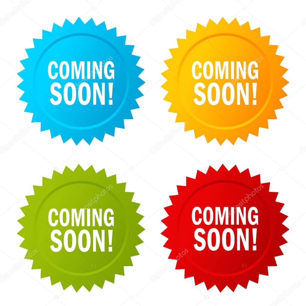 Coming soon star stickers icons set vector illustration isolated on white background