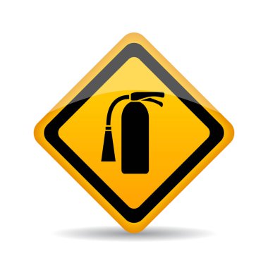 Yangın söndürücü sarı vektör işareti illüstrasyon izole beyaz arka plan üzerinde