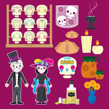 Set of icons for Dia de los muertos or Halloween decoration clipart