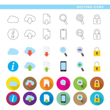 Üç farklı stilleri, çizgi, renk ve Gölge on iki barındırma simgeler kümesi.