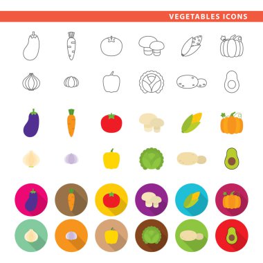 Üç stilleri, çizgi, düz ve gölge sebze simgeleri.