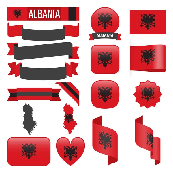 Set Albania Maps Flags Ribbons Icons Buttons Different Shapes — Stock Vector