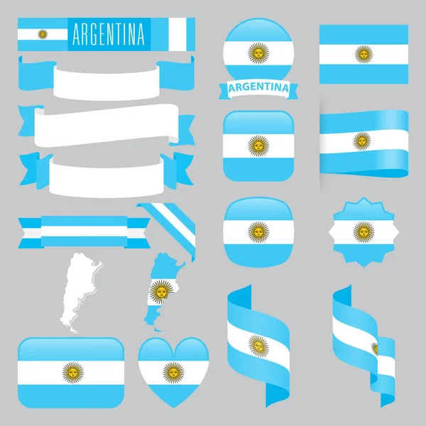 Set Argentina Maps Flags Ribbons Icons Buttons Different Shapes — Stock Vector