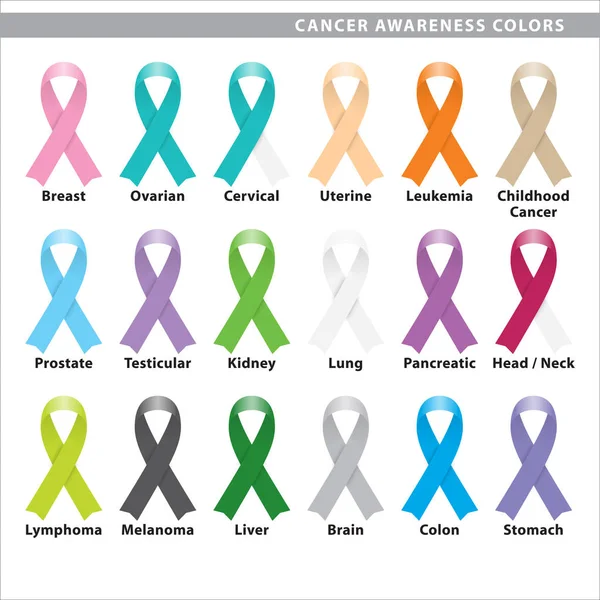 Set Van Achttien Bewustzijnslinten Verschillende Kleuren Soort Kanker — Stockvector