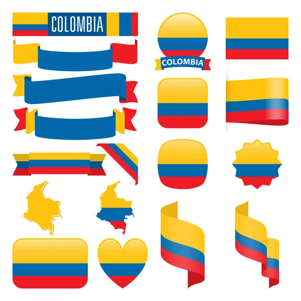 Set Colombia Maps Flags Ribbons Icons Buttons Different Shapes — Stock Vector