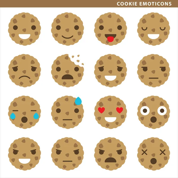 Conjunto Emoticons Cookies Com Dezesseis Expressões Diferentes — Vetor de Stock