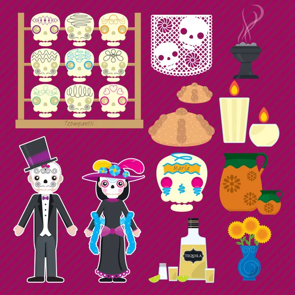 Set Icone Dia Los Muertos Decorazione Halloween — Vettoriale Stock