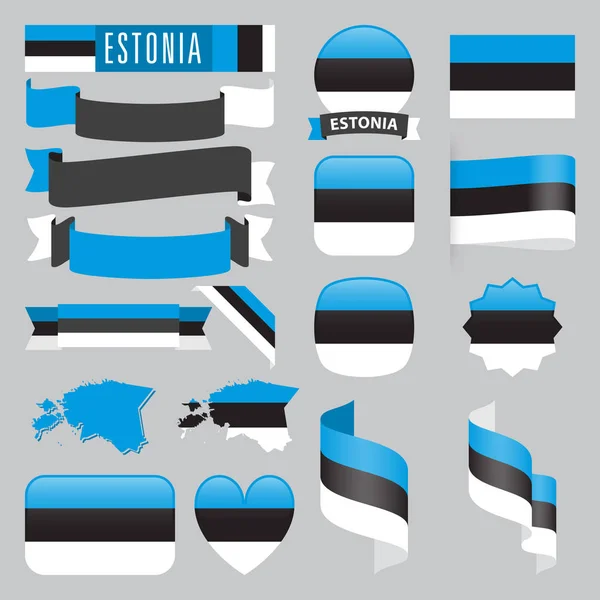 Conjunto Mapas Estonia Banderas Cintas Iconos Botones Con Diferentes Formas — Vector de stock