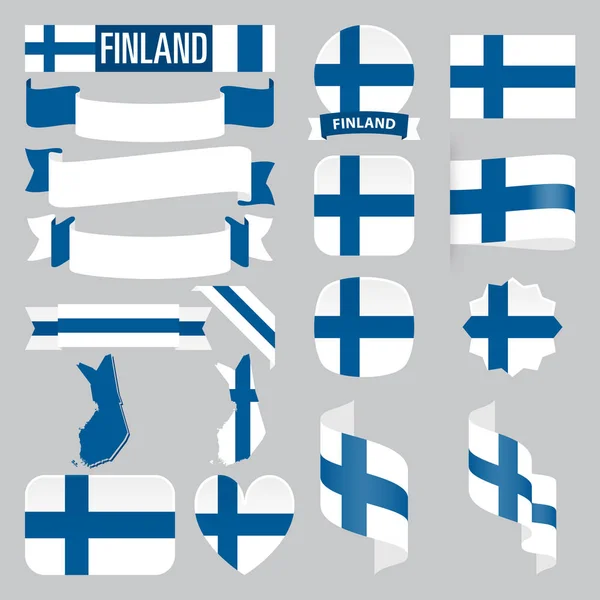 Conjunto Mapas Banderas Cintas Iconos Botones Finlandia Con Diferentes Formas — Vector de stock