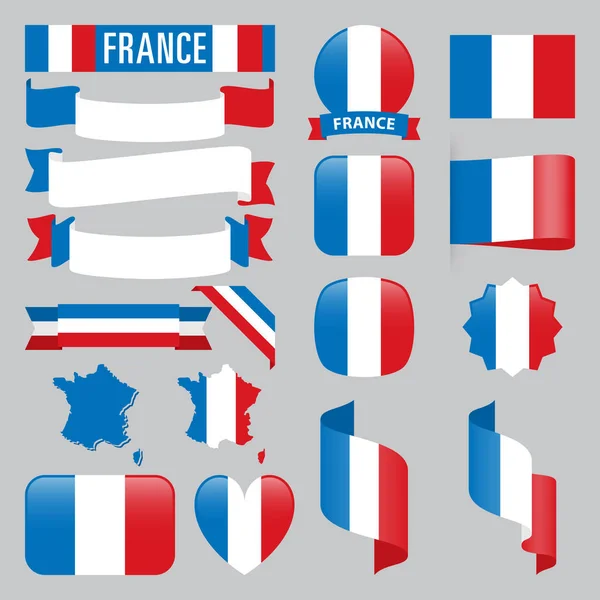 Set France Maps Flags Ribbons Icons Buttons Different Shapes — Stock Vector