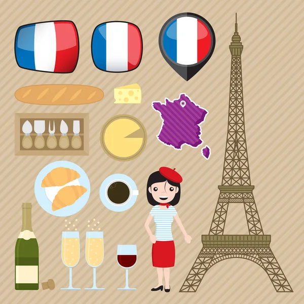 Ikon Perancis Monumen Orang Hewan Makanan Bendera Peta - Stok Vektor
