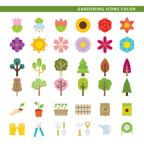 Tres Conjuntos Iconos Flores Árboles Herramientas Jardinería Estilo Color — Archivo Imágenes Vectoriales