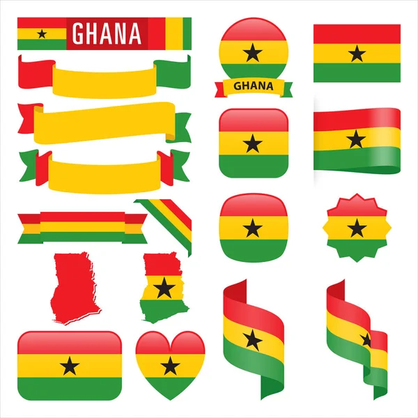 Conjunto Ghana Mapas Banderas Cintas Iconos Botones Con Diferentes Formas — Vector de stock