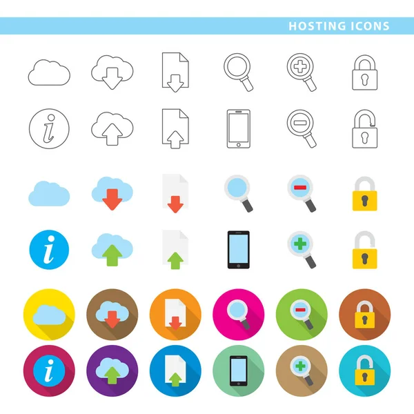 Üç farklı stilleri, çizgi, renk ve Gölge on iki barındırma simgeler kümesi.