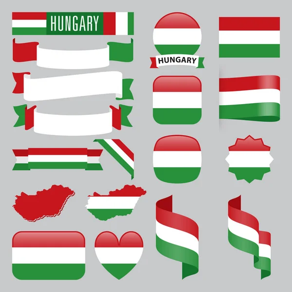 Set Hungary Maps Flags Ribbons Icons Buttons Different Shapes — Stock Vector