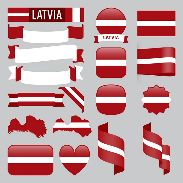 Set Latvia Maps Flags Ribbons Icons Buttons Different Shapes — Stock Vector