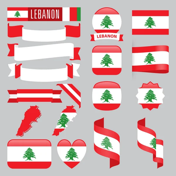 Conjunto Mapas Del Líbano Banderas Cintas Iconos Botones Con Diferentes — Vector de stock