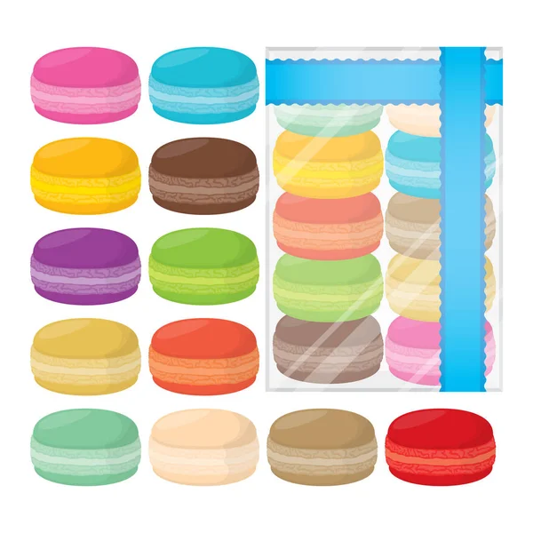 Set Aus Zwölf Bunten Macarons Und Verpackten Macarons — Stockvektor