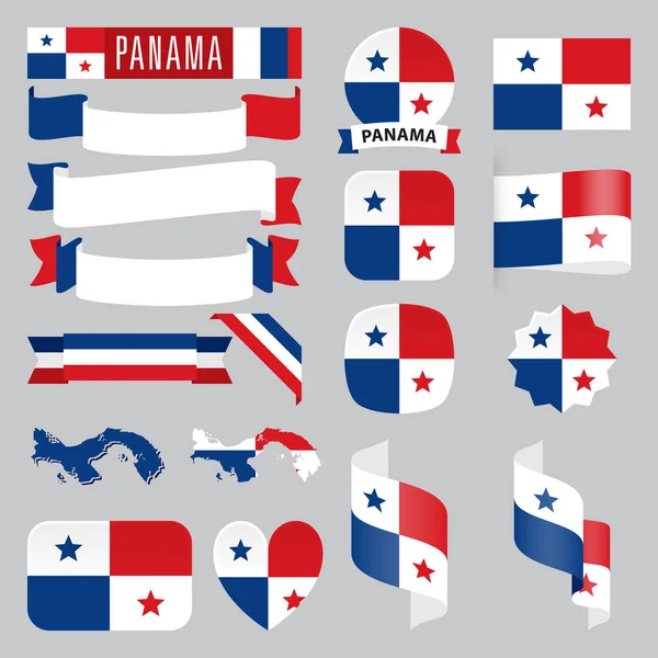 stock vector Set of Panama maps, flags, ribbons, icons and buttons with different shapes.