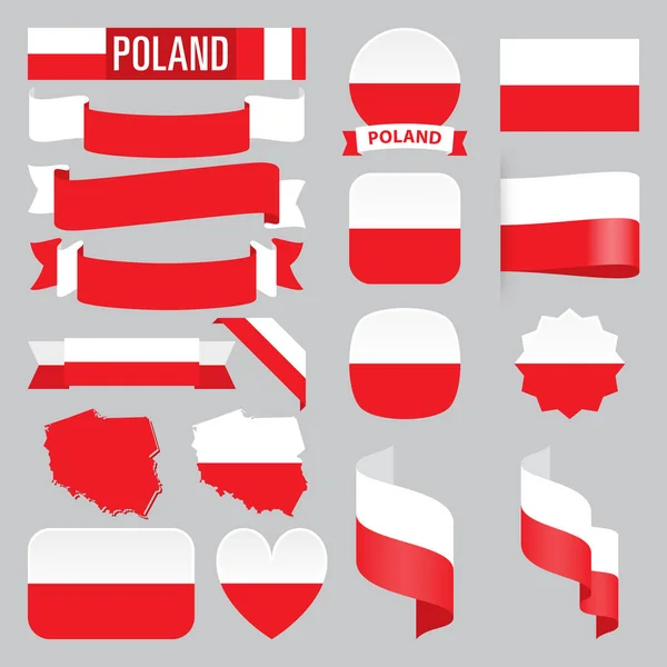 Set Poland Maps Flags Ribbons Icons Buttons Different Shapes — Stock Vector